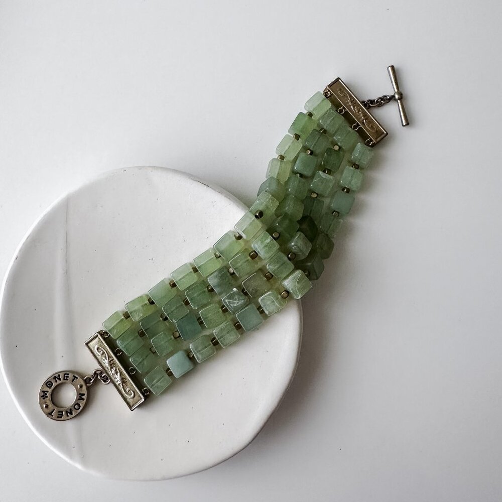 Vintage Monet Green Jade-Style Beaded Bracelet – Multi-Strand Statement